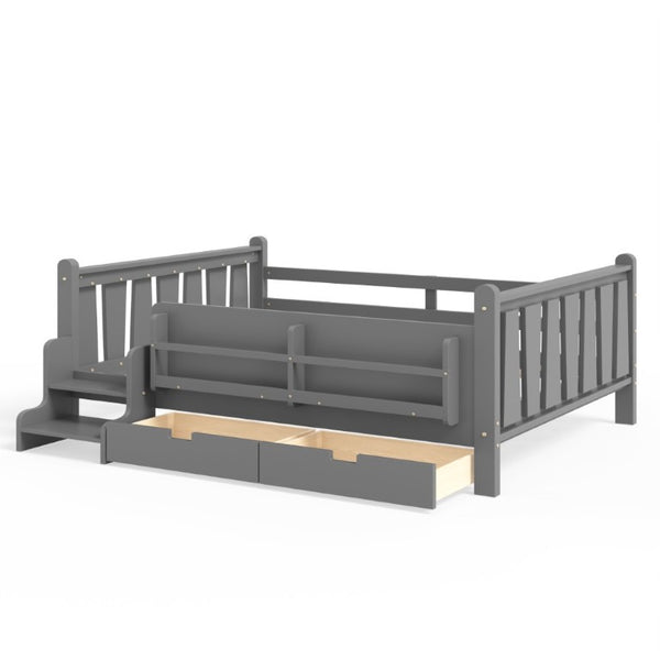 English Elm Full Size Pine Floor Bed with Guardrails Staircase Bookcase and Under Drawers for Kids Gray W1580S00675