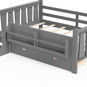 English Elm Full Size Pine Floor Bed with Guardrails Staircase Bookcase and Under Drawers for Kids Gray W1580S00675