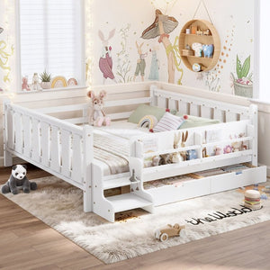 English Elm Queen Kids Platform Bed Solid Pine with Staircase Drawers and Built-In Bookcases White W1580S00676