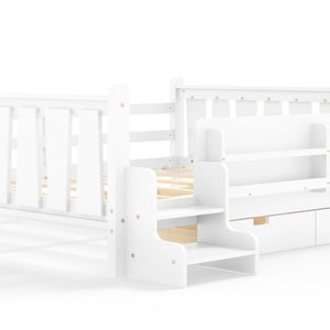 English Elm Queen Kids Platform Bed Solid Pine with Staircase Drawers and Built-In Bookcases White W1580S00676
