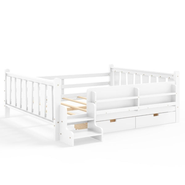 English Elm Queen Kids Platform Bed Solid Pine with Staircase Drawers and Built-In Bookcases White W1580S00676