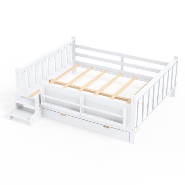 English Elm Queen Kids Platform Bed Solid Pine with Staircase Drawers and Built-In Bookcases White W1580S00676