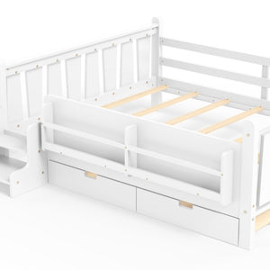 English Elm Queen Kids Platform Bed Solid Pine with Staircase Drawers and Built-In Bookcases White W1580S00676