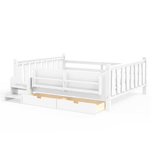 English Elm Queen Kids Platform Bed Solid Pine with Staircase Drawers and Built-In Bookcases White W1580S00676