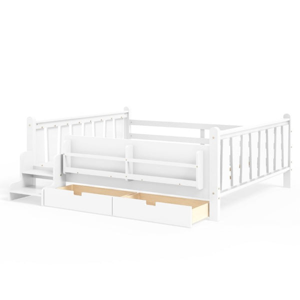 English Elm Queen Kids Platform Bed Solid Pine with Staircase Drawers and Built-In Bookcases White W1580S00676
