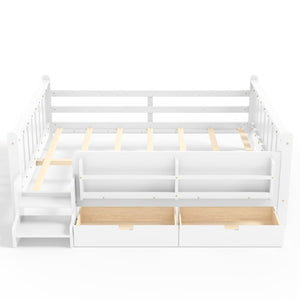 English Elm Queen Kids Platform Bed Solid Pine with Staircase Drawers and Built-In Bookcases White W1580S00676