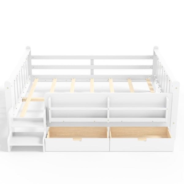 English Elm Queen Kids Platform Bed Solid Pine with Staircase Drawers and Built-In Bookcases White W1580S00676