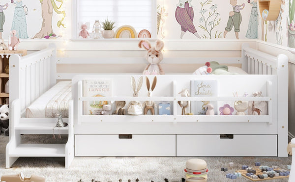 English Elm Queen Kids Platform Bed Solid Pine with Staircase Drawers and Built-In Bookcases White W1580S00676