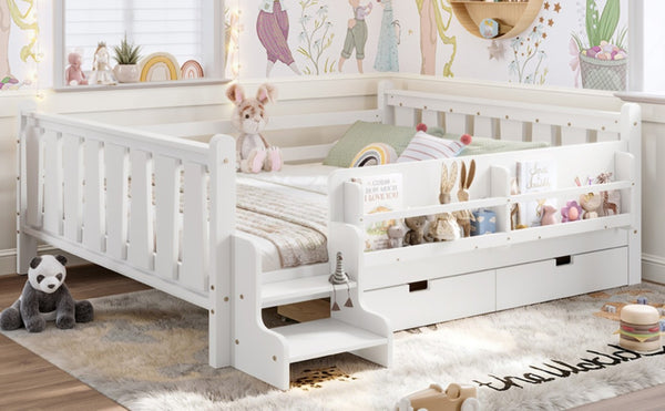 English Elm Queen Kids Platform Bed Solid Pine with Staircase Drawers and Built-In Bookcases White W1580S00676