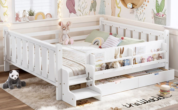 English Elm Queen Kids Platform Bed Solid Pine with Staircase Drawers and Built-In Bookcases White W1580S00676