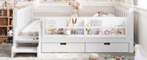 English Elm Queen Kids Platform Bed Solid Pine with Staircase Drawers and Built-In Bookcases White W1580S00676