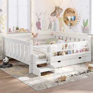 English Elm Queen Kids Platform Bed Solid Pine with Staircase Drawers and Built-In Bookcases White W1580S00676