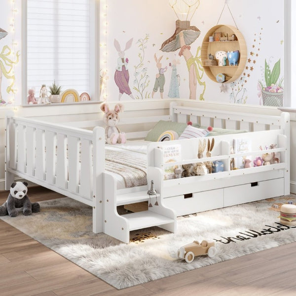 English Elm Queen Kids Platform Bed Solid Pine with Staircase Drawers and Built-In Bookcases White W1580S00676