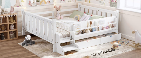 English Elm Queen Kids Platform Bed Solid Pine with Staircase Drawers and Built-In Bookcases White W1580S00676