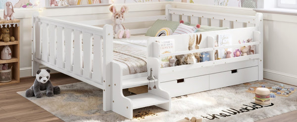 English Elm Queen Kids Platform Bed Solid Pine with Staircase Drawers and Built-In Bookcases White W1580S00676