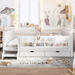 English Elm Queen Kids Platform Bed Solid Pine with Staircase Drawers and Built-In Bookcases White W1580S00676