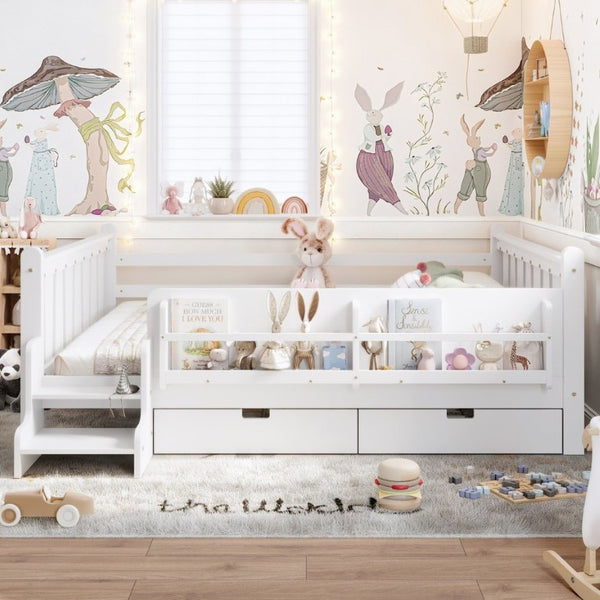English Elm Queen Kids Platform Bed Solid Pine with Staircase Drawers and Built-In Bookcases White W1580S00676
