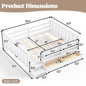 English Elm Queen Kids Platform Bed Solid Pine with Staircase Drawers and Built-In Bookcases White W1580S00676