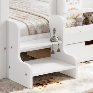 English Elm Queen Kids Platform Bed Solid Pine with Staircase Drawers and Built-In Bookcases White W1580S00676
