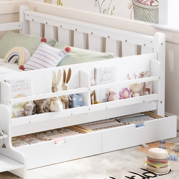 English Elm Queen Kids Platform Bed Solid Pine with Staircase Drawers and Built-In Bookcases White W1580S00676