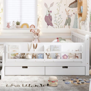 English Elm Queen Kids Platform Bed Solid Pine with Staircase Drawers and Built-In Bookcases White W1580S00676