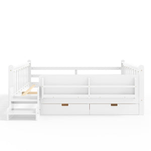 English Elm Queen Kids Platform Bed Solid Pine with Staircase Drawers and Built-In Bookcases White W1580S00676
