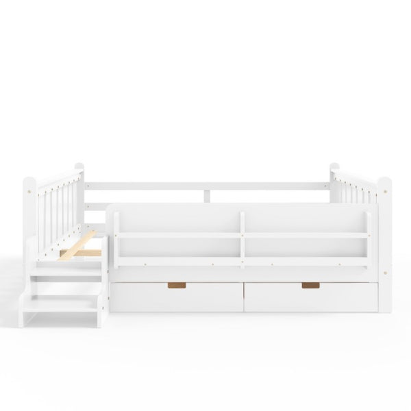 English Elm Queen Kids Platform Bed Solid Pine with Staircase Drawers and Built-In Bookcases White W1580S00676