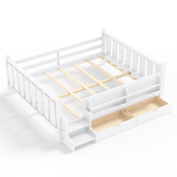 English Elm Queen Kids Platform Bed Solid Pine with Staircase Drawers and Built-In Bookcases White W1580S00676