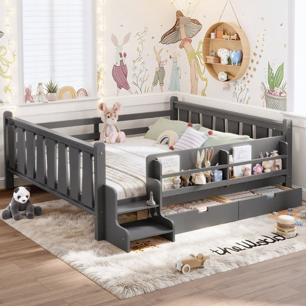 English Elm Queen Kids Platform Bed Solid Pine with Staircase Drawers and Built-In Bookcases Gray W1580S00677
