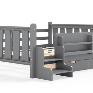 English Elm Queen Kids Platform Bed Solid Pine with Staircase Drawers and Built-In Bookcases Gray W1580S00677