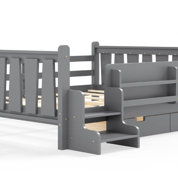 English Elm Queen Kids Platform Bed Solid Pine with Staircase Drawers and Built-In Bookcases Gray W1580S00677
