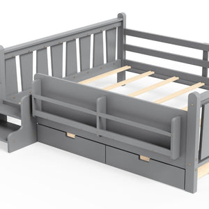 English Elm Queen Kids Platform Bed Solid Pine with Staircase Drawers and Built-In Bookcases Gray W1580S00677