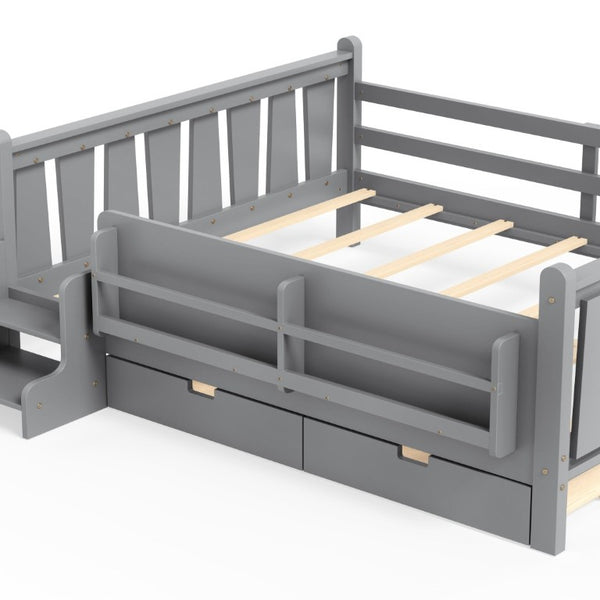 English Elm Queen Kids Platform Bed Solid Pine with Staircase Drawers and Built-In Bookcases Gray W1580S00677