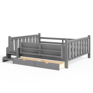 English Elm Queen Kids Platform Bed Solid Pine with Staircase Drawers and Built-In Bookcases Gray W1580S00677