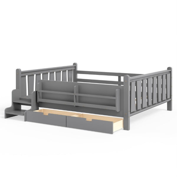 English Elm Queen Kids Platform Bed Solid Pine with Staircase Drawers and Built-In Bookcases Gray W1580S00677