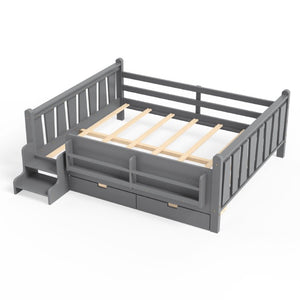 English Elm Queen Kids Platform Bed Solid Pine with Staircase Drawers and Built-In Bookcases Gray W1580S00677