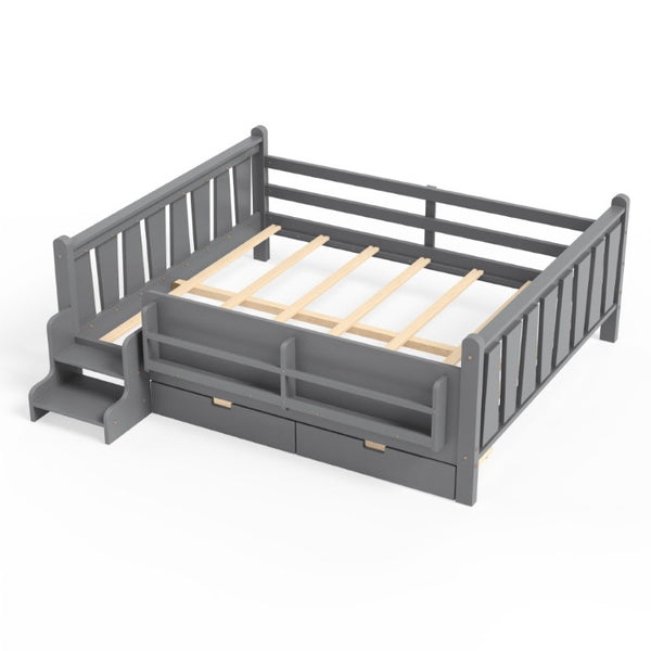 English Elm Queen Kids Platform Bed Solid Pine with Staircase Drawers and Built-In Bookcases Gray W1580S00677