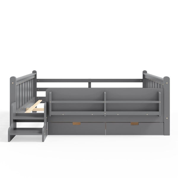 English Elm Queen Kids Platform Bed Solid Pine with Staircase Drawers and Built-In Bookcases Gray W1580S00677