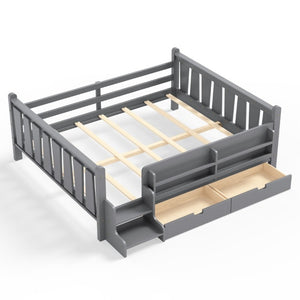 English Elm Queen Kids Platform Bed Solid Pine with Staircase Drawers and Built-In Bookcases Gray W1580S00677
