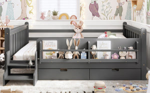 English Elm Queen Kids Platform Bed Solid Pine with Staircase Drawers and Built-In Bookcases Gray W1580S00677