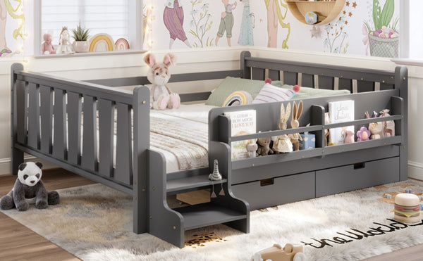 English Elm Queen Kids Platform Bed Solid Pine with Staircase Drawers and Built-In Bookcases Gray W1580S00677