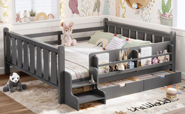 English Elm Queen Kids Platform Bed Solid Pine with Staircase Drawers and Built-In Bookcases Gray W1580S00677