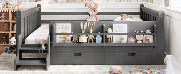 English Elm Queen Kids Platform Bed Solid Pine with Staircase Drawers and Built-In Bookcases Gray W1580S00677