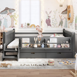 English Elm Queen Kids Platform Bed Solid Pine with Staircase Drawers and Built-In Bookcases Gray W1580S00677