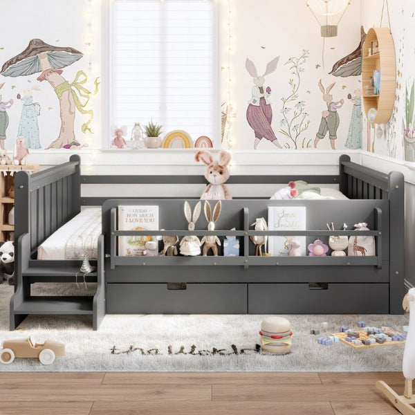 English Elm Queen Kids Platform Bed Solid Pine with Staircase Drawers and Built-In Bookcases Gray W1580S00677