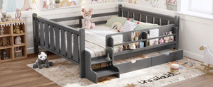 English Elm Queen Kids Platform Bed Solid Pine with Staircase Drawers and Built-In Bookcases Gray W1580S00677