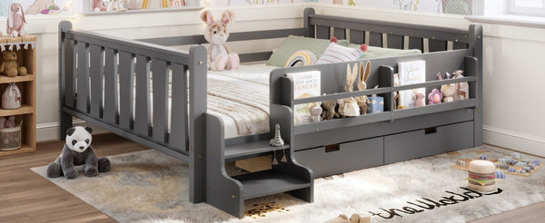 English Elm Queen Kids Platform Bed Solid Pine with Staircase Drawers and Built-In Bookcases Gray W1580S00677