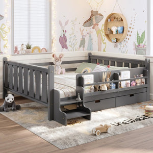 English Elm Queen Kids Platform Bed Solid Pine with Staircase Drawers and Built-In Bookcases Gray W1580S00677