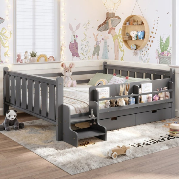 English Elm Queen Kids Platform Bed Solid Pine with Staircase Drawers and Built-In Bookcases Gray W1580S00677
