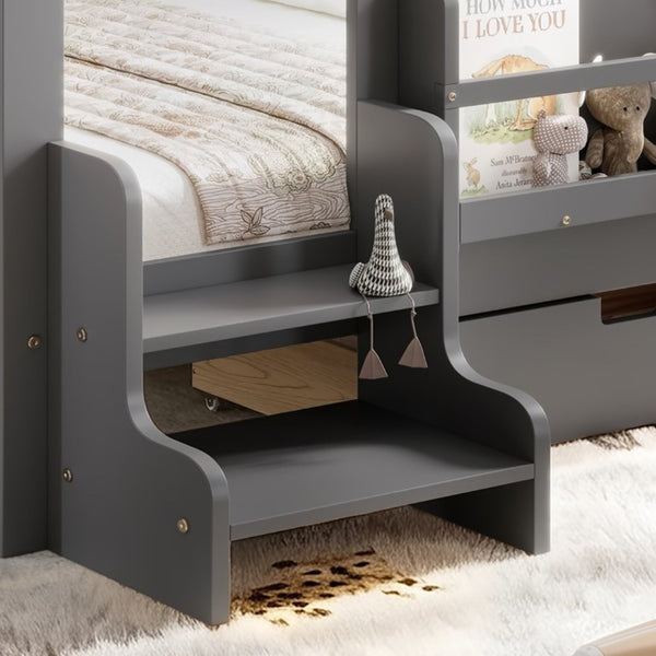 English Elm Queen Kids Platform Bed Solid Pine with Staircase Drawers and Built-In Bookcases Gray W1580S00677